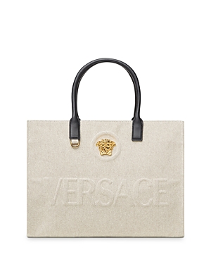 Shop Versace La Medusa Canvas Tote Bag In Rope/black/ Gold