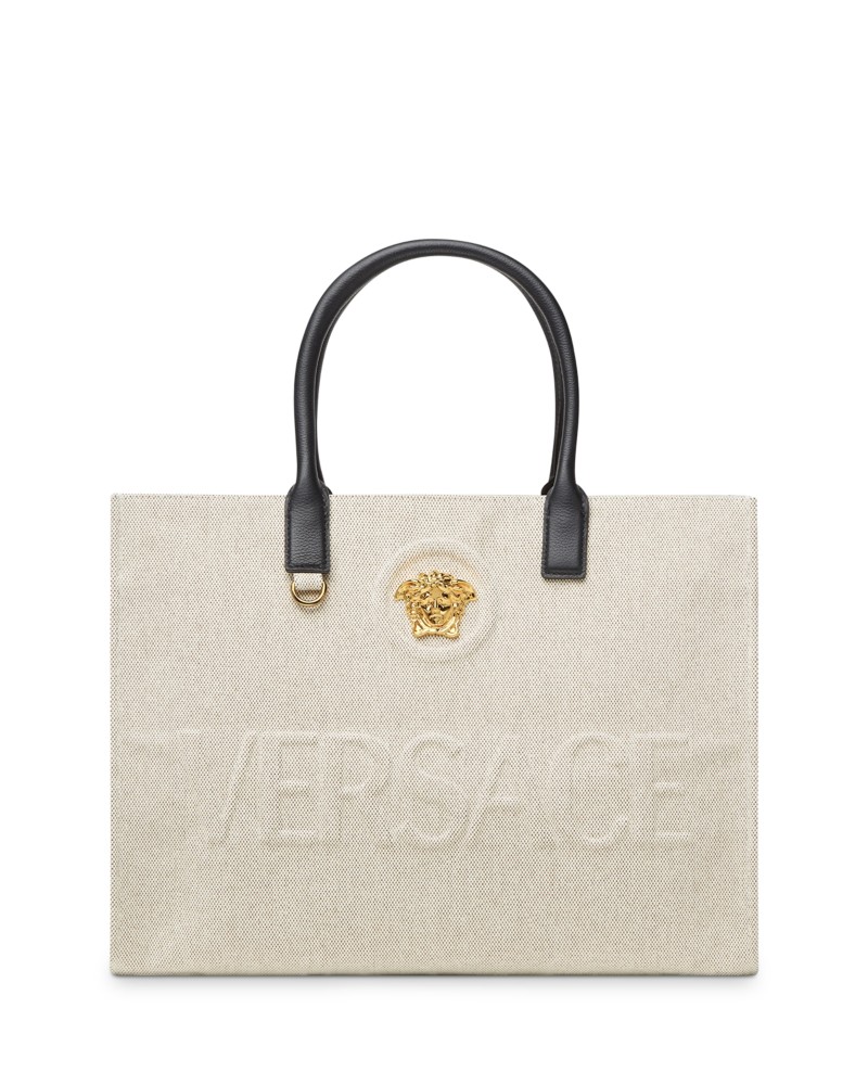 Versace La Medusa Canvas Large Tote Bag in Rope/Black/Versace Gold