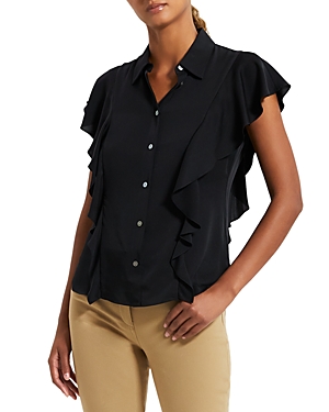 Theory Button-down Georgette Ruffle Top In Black