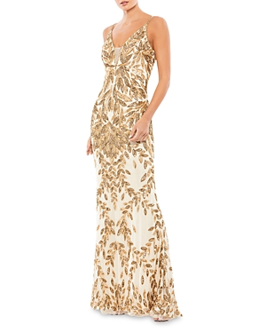Mac Duggal Beaded V-neck Gown In Nude/gold