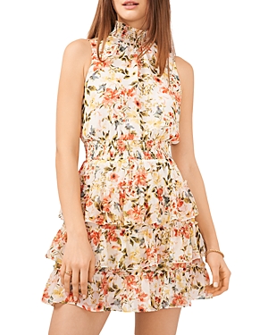 1.state Sleeveless Smocked Neck Dress With Ruffle Tiered Skirt In Daybreak Watercolors