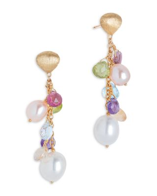 18K Yellow Gold Paradise Pearl Mixed Gemstone and Cultured Freshwater Pearl Drop Earrings