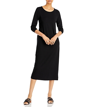 Eileen Fisher Jewel Neck Long Sleeve Jersey Shift Dress In Black