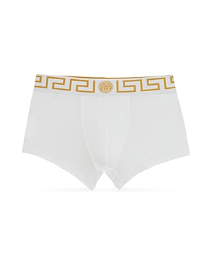 Shop Versace Low Rise Logo Trunks In White/gray