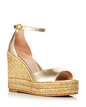 Stuart Weitzman Nudistcurve Metallic Leather Espadrille Wedge Sandals In Platino