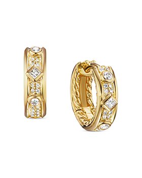 David Yurman - David Yurman 18K Yellow Gold Modern Renaissance Diamond Huggie Hoop Earrings