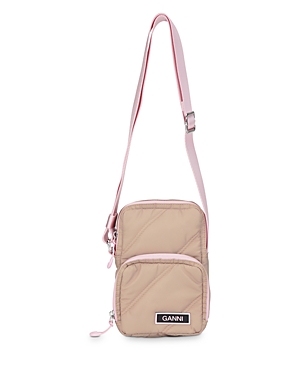 Ganni Mini Quilted Recycled Polyester Crossbody In Tannin