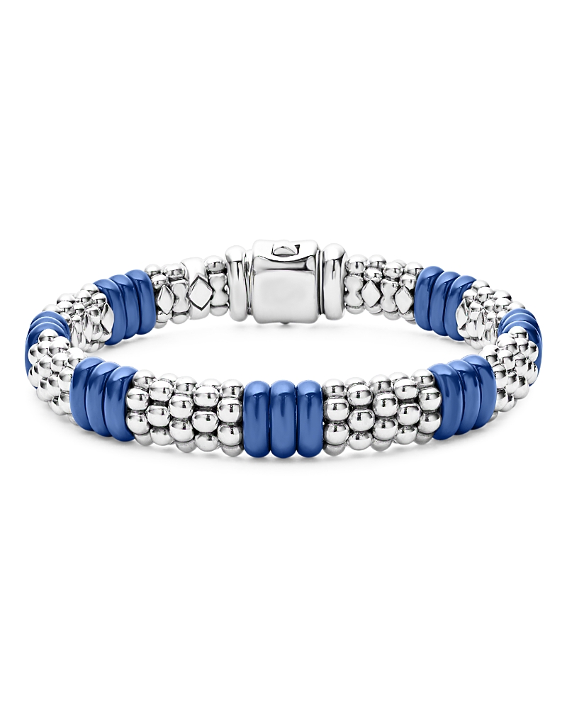 Lagos 18k Yellow Gold & Sterling Silver Ultramarine Ceramic Rondelle & Caviar Bead Statement Bracelet In Blue/silver
