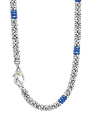 18K Yellow Gold & Sterling Silver Blue Ceramic Rondelle & Bead Collar Necklace, 18"
