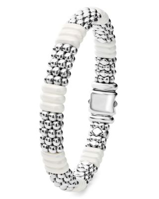 18K Yellow Gold & Sterling Silver White Ceramic Rondelle & Caviar Bead Statement Bracelet