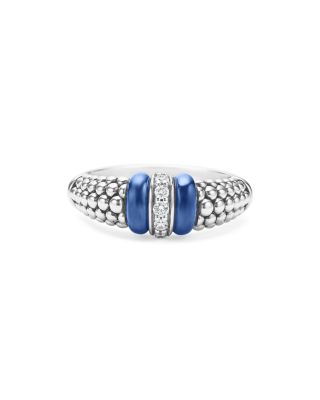 Sterling Silver Diamond & Ultramarine Ceramic Rondelle Bead Ring