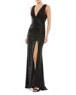 V-Neck Sequin Wrap Waist Gown