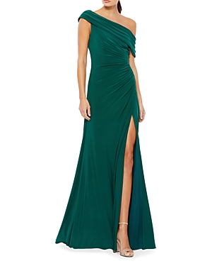 Mac Duggal One-shoulder Long Sleeve Jersey Gown In Emerald