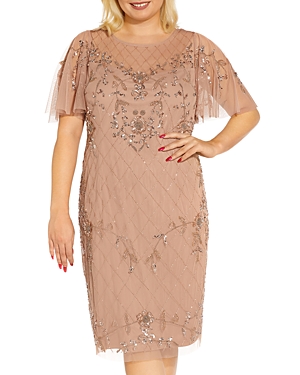 Adrianna Papell Plus Beaded Flutter Sleeve Dress In Rose Gold