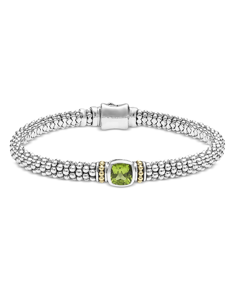 Lagos Sterling Silver & 18k Yellow Gold Caviar Color Peridot Solitaire Link Bracelet In Green/silver