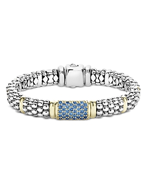 Lagos 18k Yellow Gold & Sterling Silver Signature Caviar Blue Sapphire Pave Link Bracelet In Blue/silver
