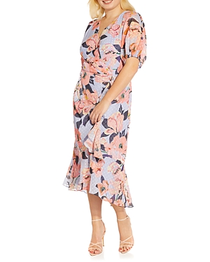Adrianna Papell Plus Floral Faux Wrap Dress In Opal/coral Multi