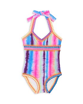 PQ Swim - Girls' Embroidered Rainbow Tie Dye One Piece Swimsuit - Little Kid, Big Kid