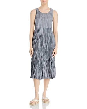 Eileen Fisher Tiered Pleated Silk Midi Dress In Steel