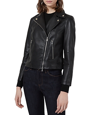 Shop Armani Collezioni Caban Leather Moto Jacket In Solid Black