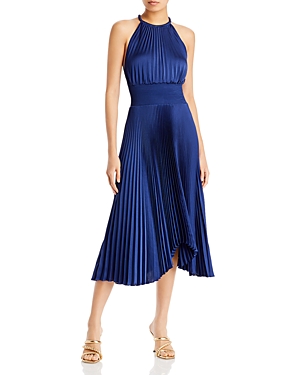 A.l.c Renzo Ii Satin Pleated High-neck Midi Dress In Blue
