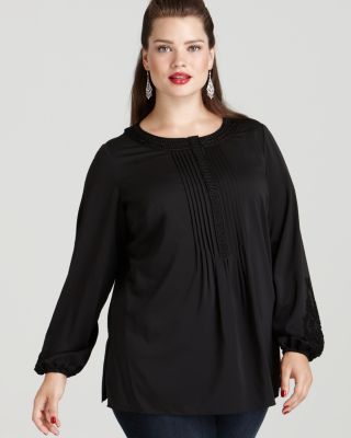 Tahari Woman Plus - "Dottie" Long Sleeve Satin Blouse with Pintucking