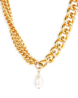 Kenneth Jay Lane - Imitation Pearl Chain Link Pendant Necklace in Gold Tone, 18"
