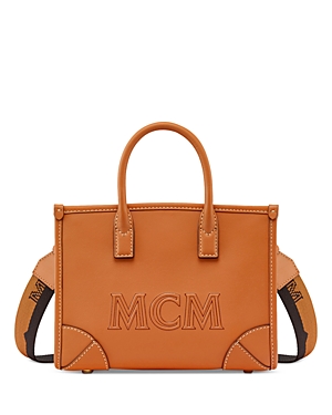 Shop Mcm Mini Munchen Tote In Spanish Calf Leather In Cognac/gold