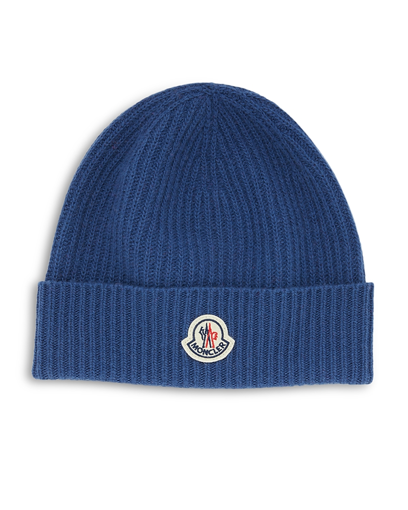 Shop Moncler Logo Patch Beanie In Navy
