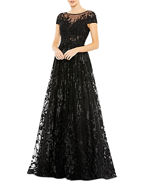 Mac Duggal Embroidered Tulle Cap Sleeve Gown In Black