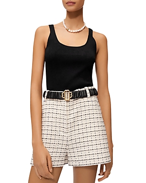 Maje Marl Tweed Shorts With Checked Motifs In Ecru Black