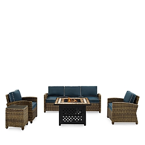 Sparrow & Wren Bradenton 5 Piece Outdoor Wicker Sofa Set With Fire Table In Navy