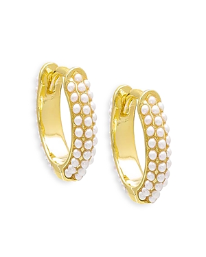 Adinas Jewels Triple Row Beaded Faux Pearl Huggie Hoop Earrings In 14k Yellow Gold Plated Sterling S In White/gold