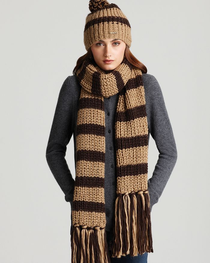 Michael Kors MICHAEL Rugby Fisherman Knit Fringe Scarf and Pom Pon