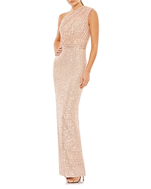 Mac Duggal Sequined Ruched One Shoulder Gown In Rose Pink
