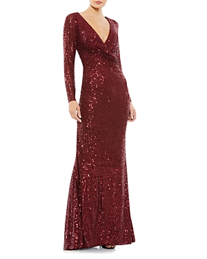 Mac Duggal Sequined Faux Wrap Long Sleeve Column Gown In Wine