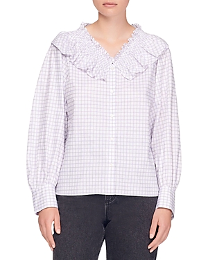 Sandro Devie Ruffle Bib Cotton Button-up Blouse In White