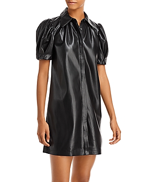 Alice And Olivia Jem Vegan-leather 70s-collar Puff-sleeve Dress In Black