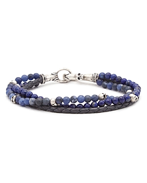 Men's Sterling Silver Sodalite & Lapis Lazuli Blue Leather Triple Strand Bracelet