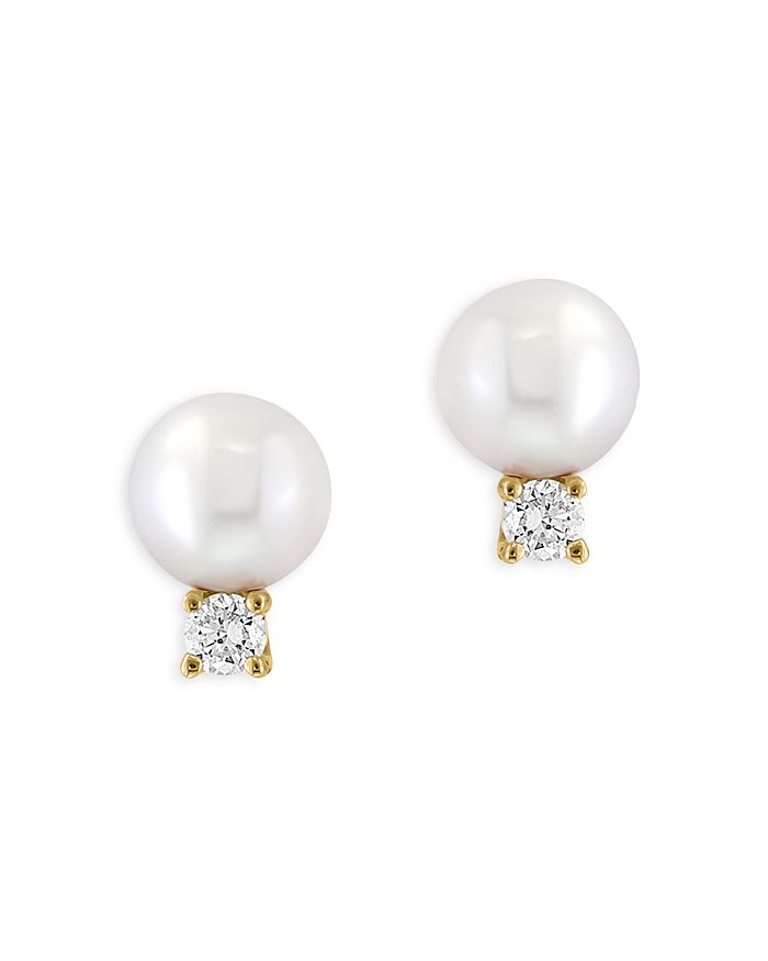 Bloomingdale's - Cultured Freshwater Pearl & Diamond Button Earrings in 14K Yellow Gold - 100% Exclusive