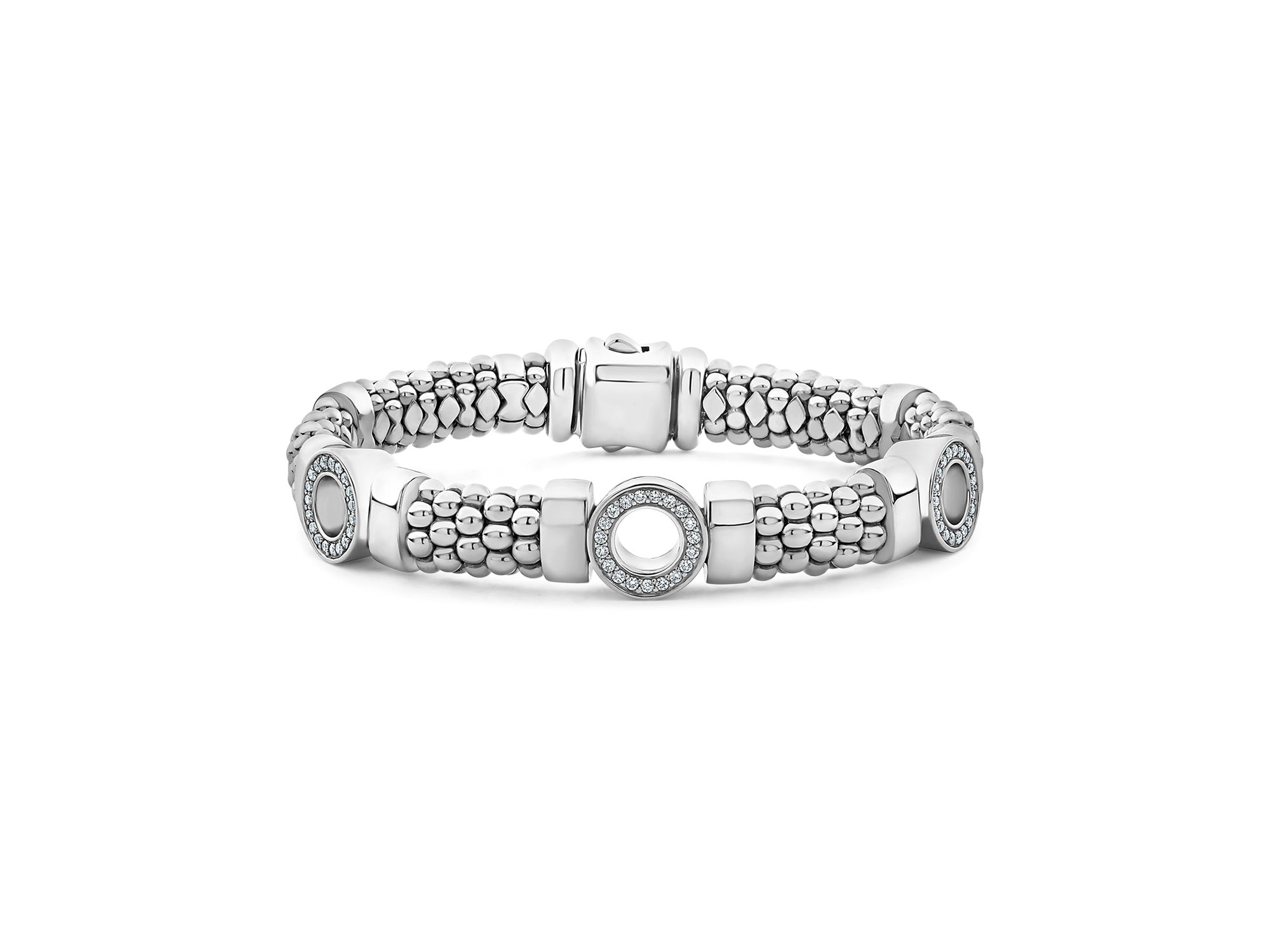 Sterling Caviar Spark Diamond Three Circle Caviar Bead Link Bracelet - Image 1