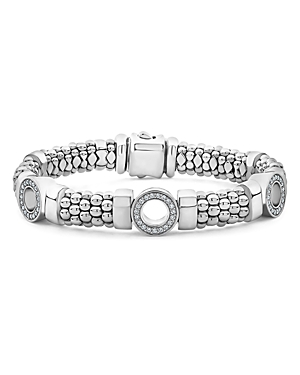 Lagos Sterling Silver Caviar Spark Diamond Three Circle Caviar Bead Link Bracelet