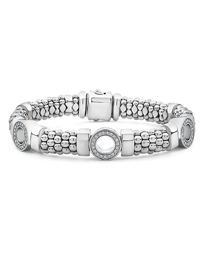 Lagos Sterling Silver Caviar Spark Diamond Three Circle Caviar Bead Link Bracelet