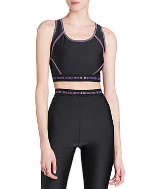 Shop Versace Jeans Couture Logo Band Exposed Seam Sports Bra In Nero