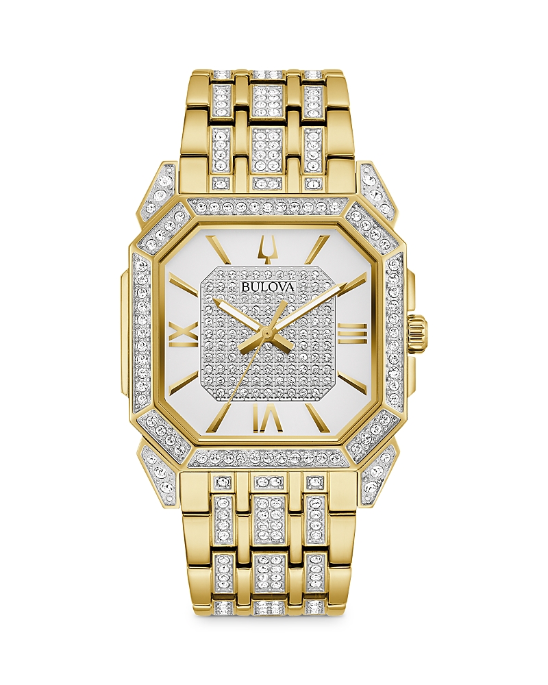 Bulova Crystal Octava Mens Crystal Accent Two Tone Stainless Steel Bracelet Watch 98a295 In White/gold