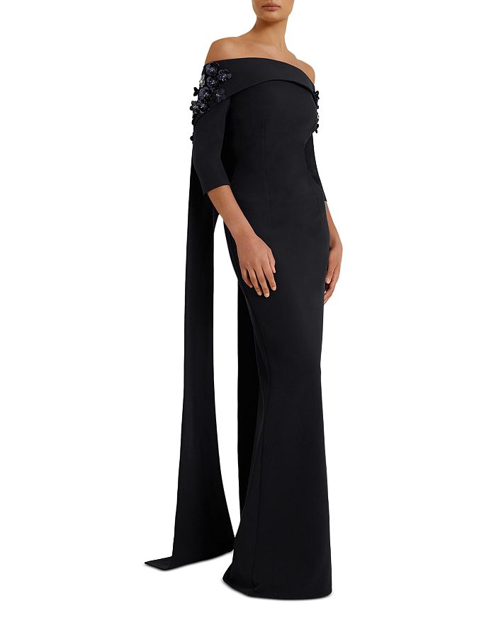 Safiyaa Strapless Floral Appliqué Split Cape Gown Bloomingdale's