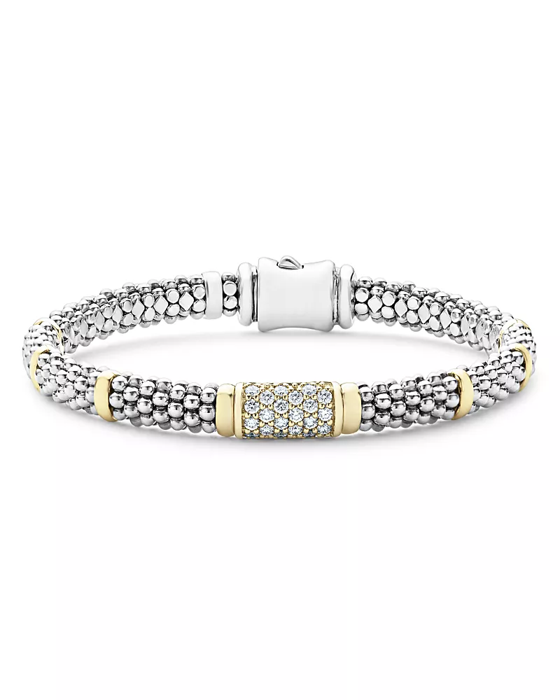 Lagos Sterling Silver & 18K Gold Diamond Signature Caviar Bracelet