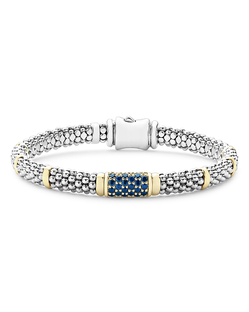 Lagos Sterling Silver & 18k Gold Signature Caviar Blue Sapphire Station Bracelet In Silver