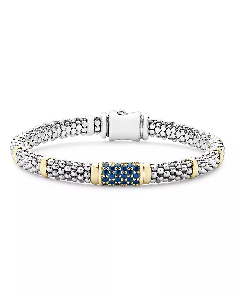Lagos Sterling Silver & 18K Gold Signature Caviar Blue Sapphire Station Bracelet