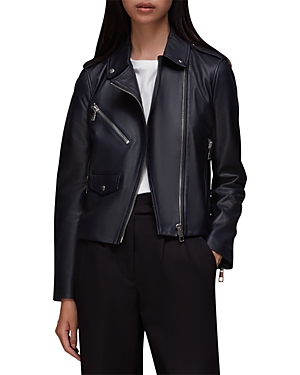Whistles Agnes Leather Moto Jacket In Navy